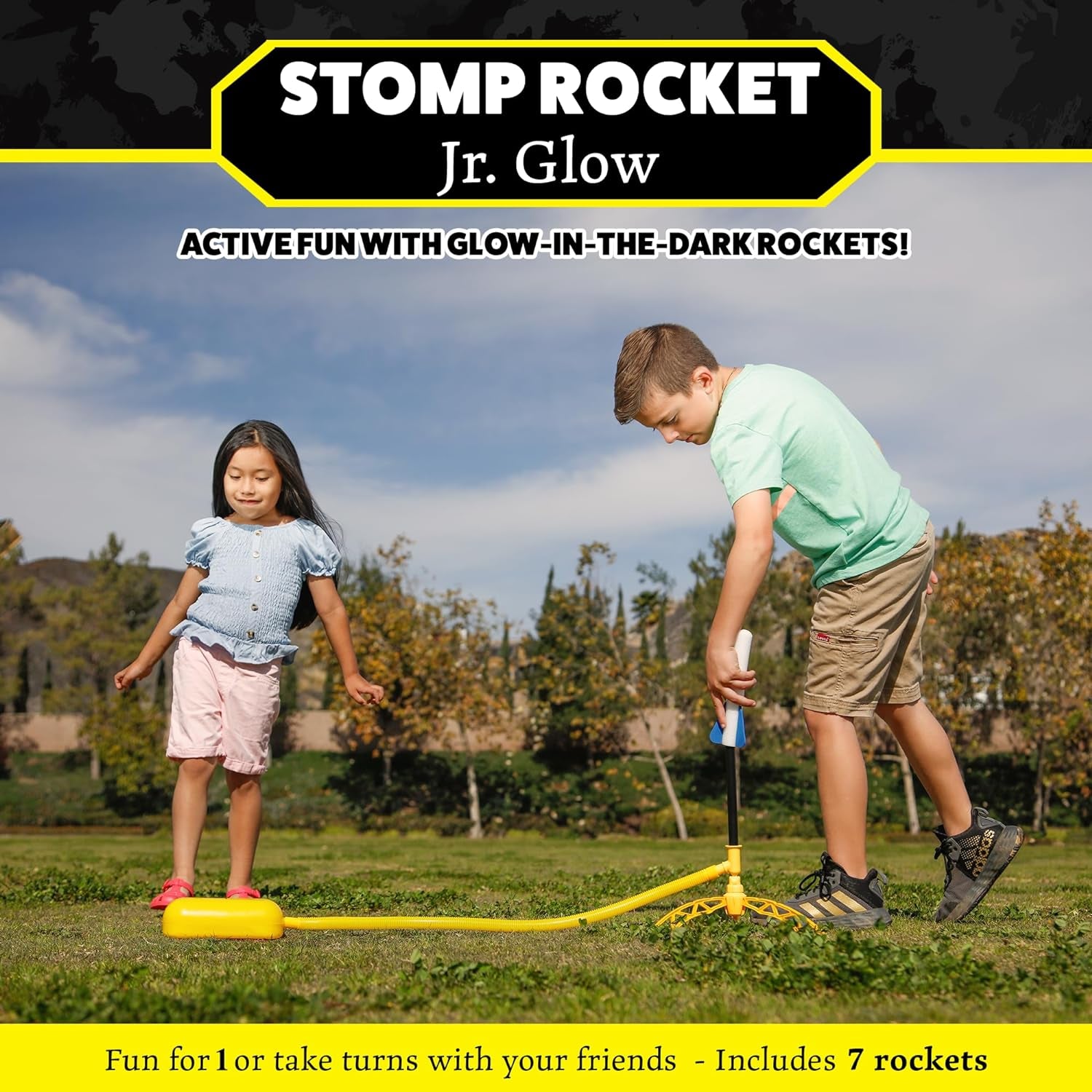 Jr Glow Rocket Launcher for Kids, 7 Rockets - Glow in the Dark Fun Backyard & Outdoor Kids Toys Gifts for Boys & Girls -Toy Soft Foam Blaster Set - Multi-Player Adjustable Launcher Stand