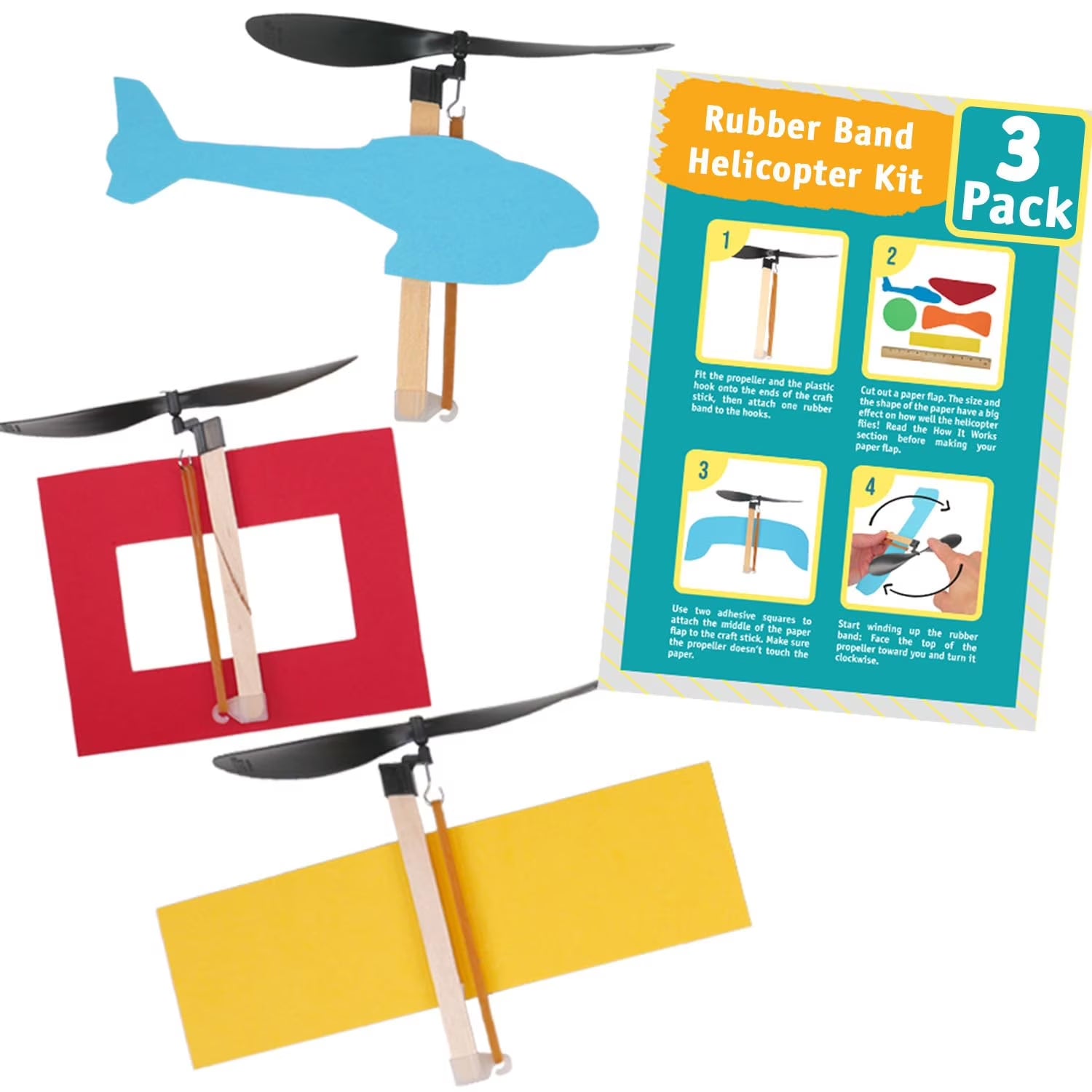 Rubber Band Helicopter Kit – Build 3 DIY Propeller-Powered Helicopters, Complete STEM Project for Kids with Instructions, Ages 8 and Up